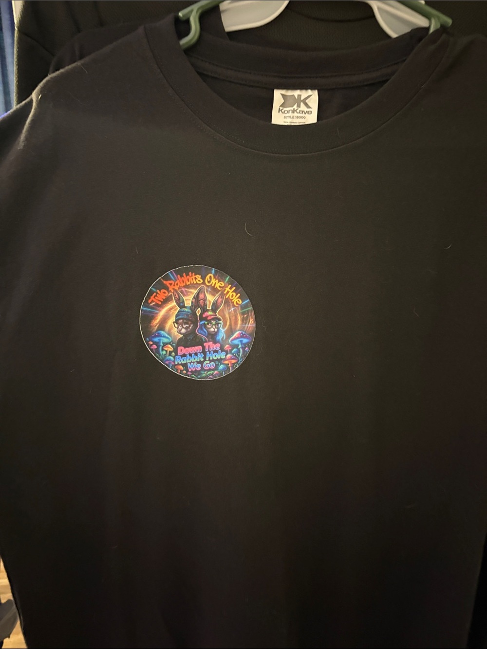 Black Graphic Tee with Colorful Rabbit Patch Down the Rabbit Hole we Go!